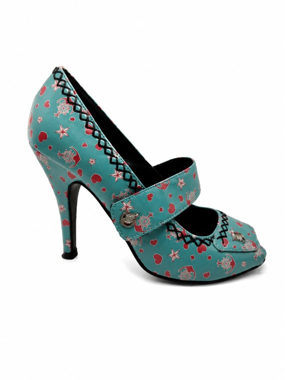 T.U.K. Nautical Mary Jane Peep Toe Heels Anchor Print Rockabilly Pin-up Sz 7